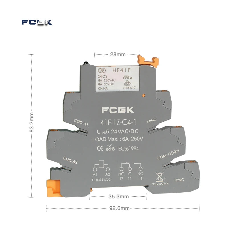 Módulo Relé Delgado DIN Rail 41F-1Z-C4-1 PCB con Socket Holder 12V/24V AC/DC / 220V AC 6.2mm