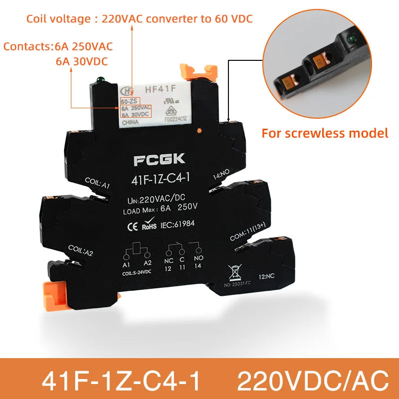 Módulo Relé Delgado DIN Rail 41F-1Z-C4-1 PCB con Socket Holder 12V/24V AC/DC / 220V AC 6.2mm