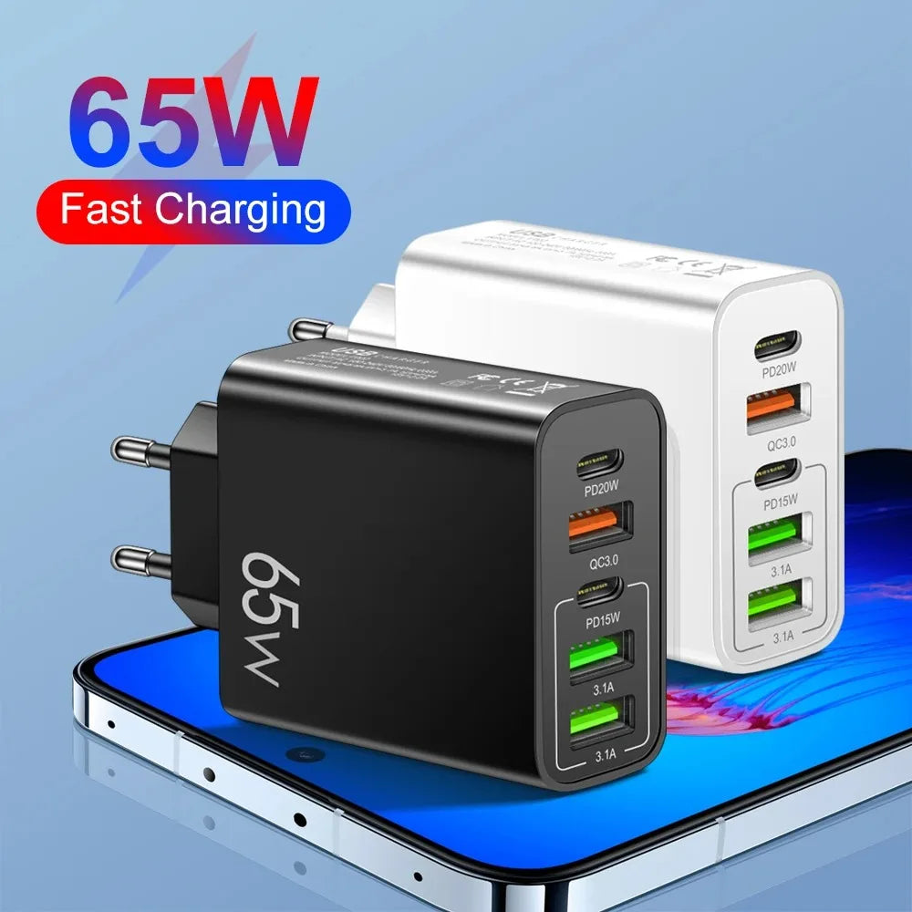 Cargador Pared USB C PD 20W + 4 Puertos USB (Total 65W) Carga Rápida QC 3.0 Adaptador para iPhone 15 Pro/Samsung/Xiaomi