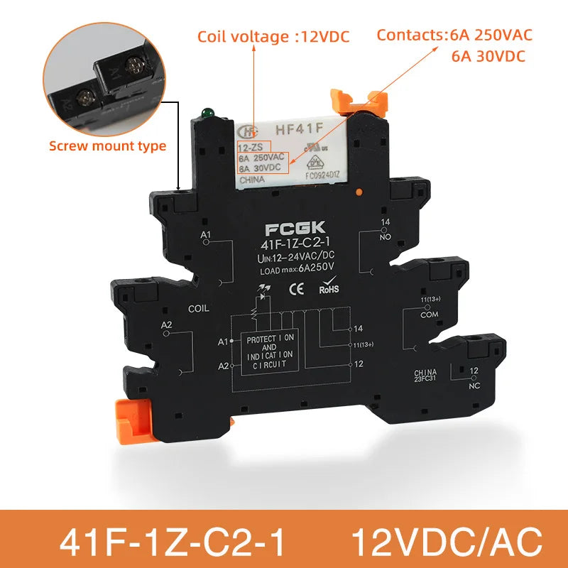 Módulo Relé Delgado DIN Rail 41F-1Z-C4-1 PCB con Socket Holder 12V/24V AC/DC / 220V AC 6.2mm