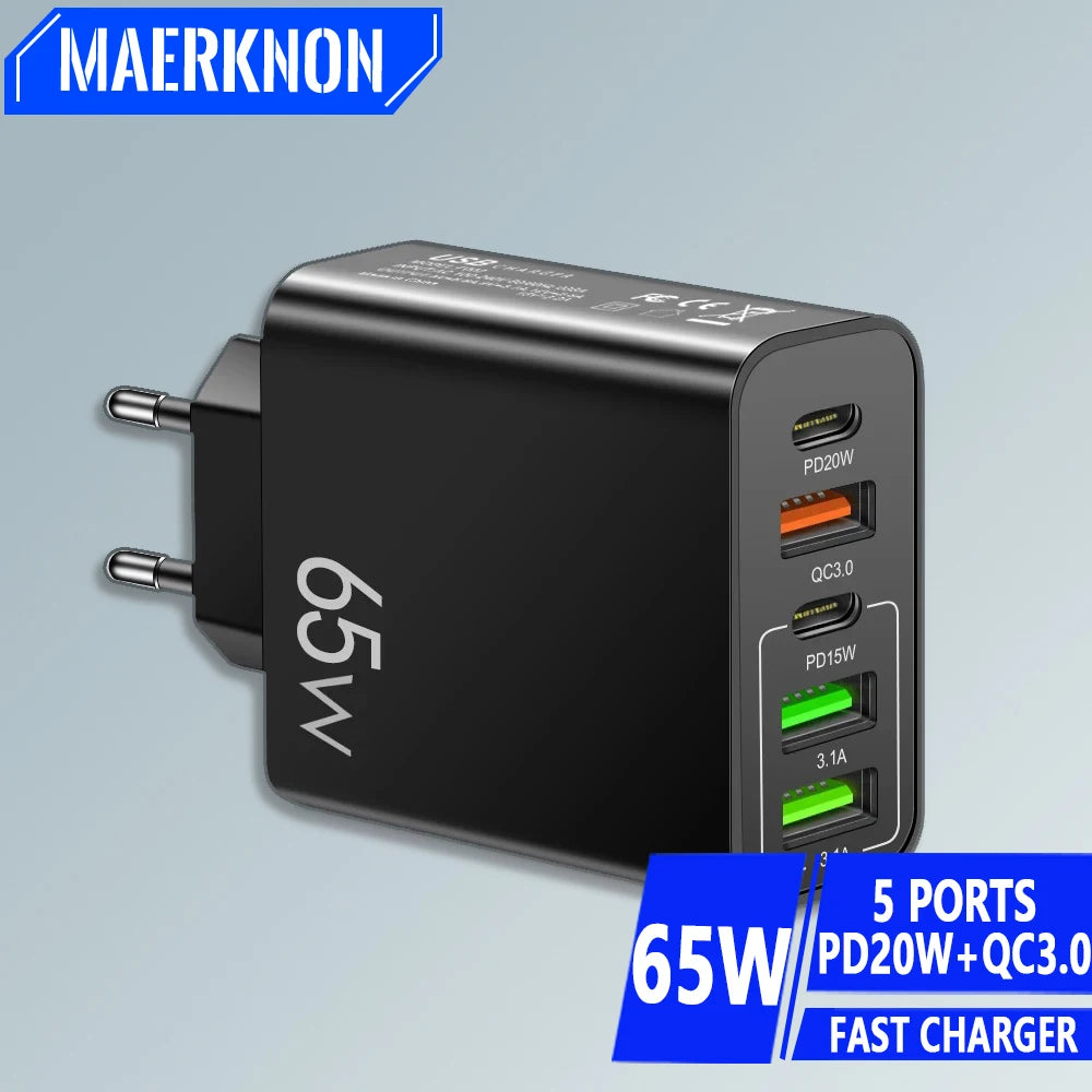 Cargador Pared USB C PD 20W + 4 Puertos USB (Total 65W) Carga Rápida QC 3.0 Adaptador para iPhone 15 Pro/Samsung/Xiaomi
