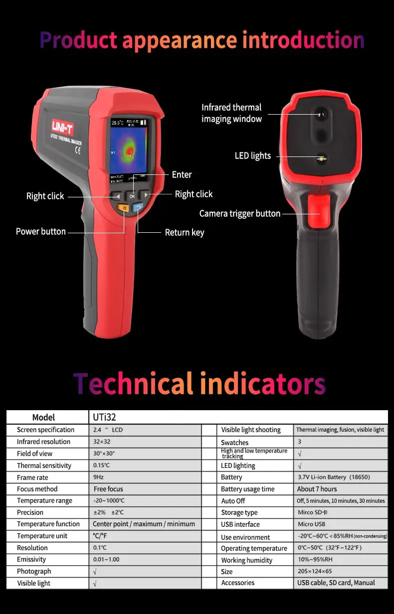 Cámara Termográfica Portátil UNI-T UTi32 Alta Temperatura (-20~1000°C) - Medición Bomberos/Construcción