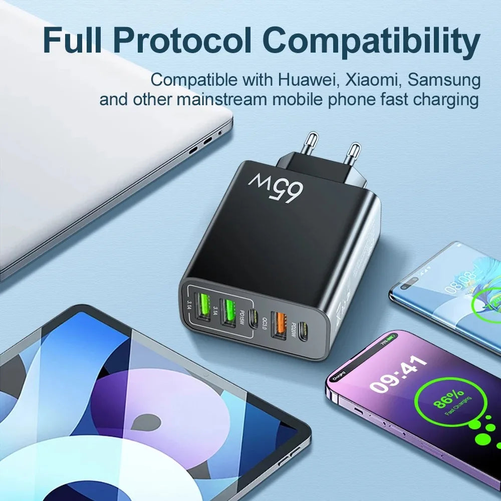 Cargador Pared USB C PD 20W + 4 Puertos USB (Total 65W) Carga Rápida QC 3.0 Adaptador para iPhone 15 Pro/Samsung/Xiaomi
