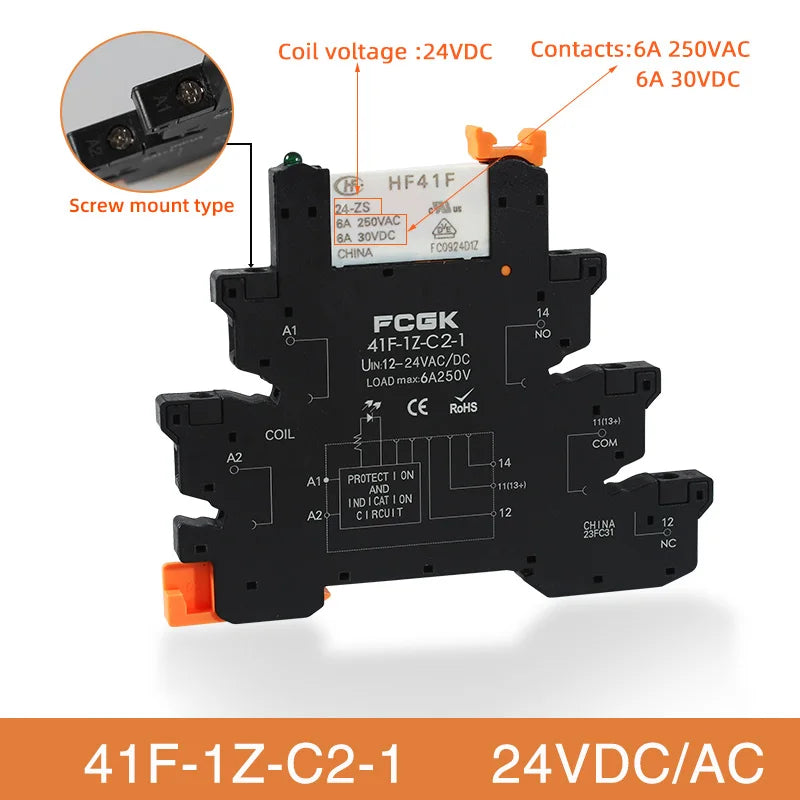 Módulo Relé Delgado DIN Rail 41F-1Z-C4-1 PCB con Socket Holder 12V/24V AC/DC / 220V AC 6.2mm