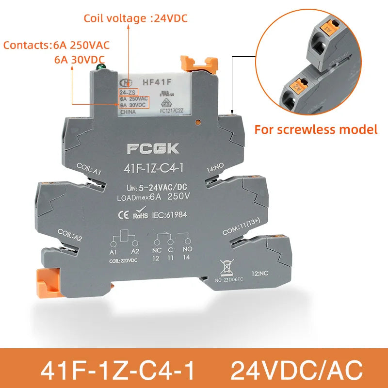 Módulo Relé Delgado DIN Rail 41F-1Z-C4-1 PCB con Socket Holder 12V/24V AC/DC / 220V AC 6.2mm