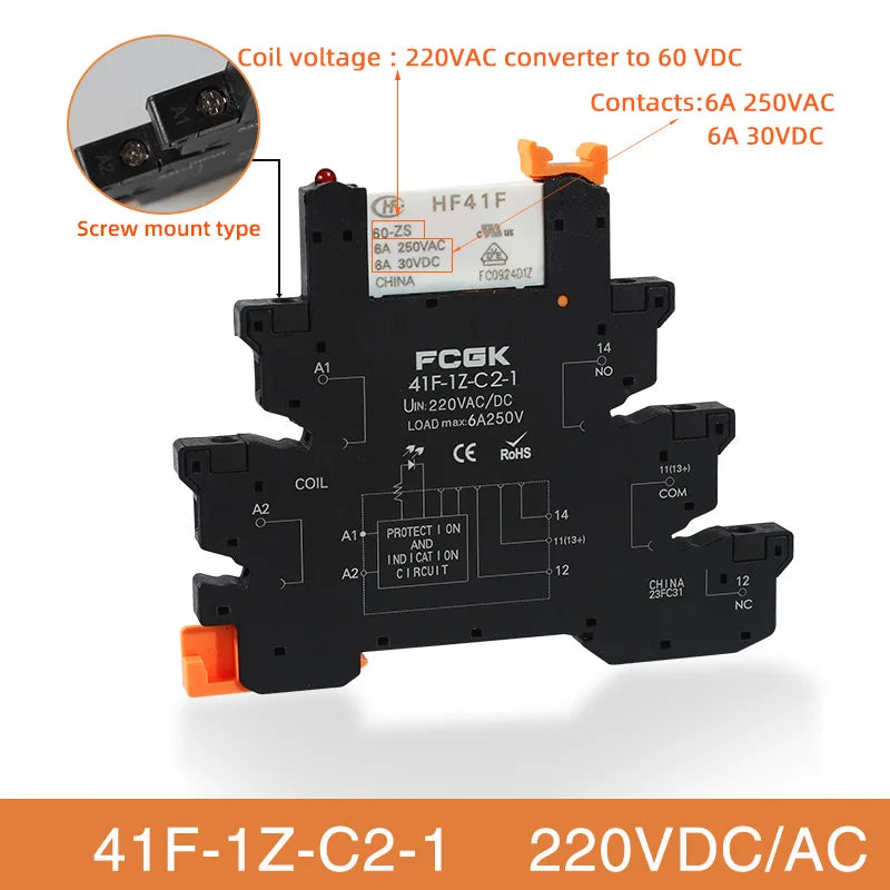 Módulo Relé Delgado DIN Rail 41F-1Z-C4-1 PCB con Socket Holder 12V/24V AC/DC / 220V AC 6.2mm