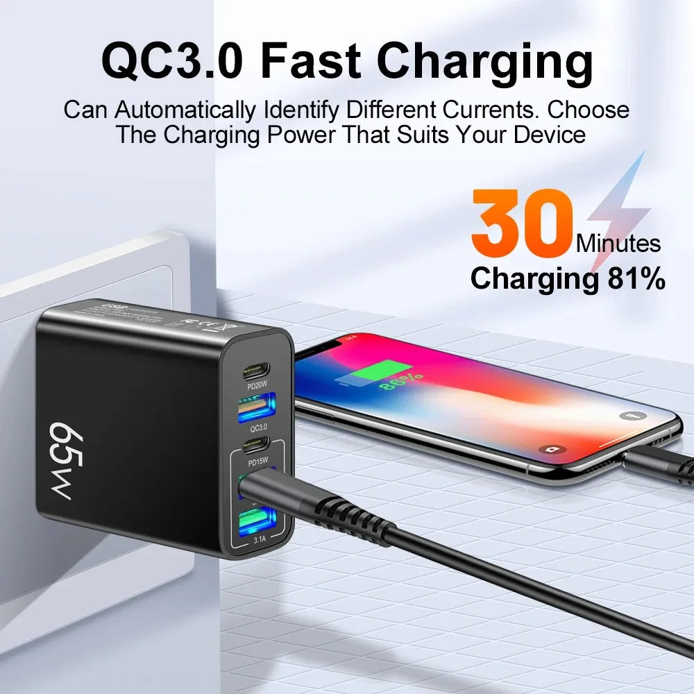 Cargador Pared USB C PD 20W + 4 Puertos USB (Total 65W) Carga Rápida QC 3.0 Adaptador para iPhone 15 Pro/Samsung/Xiaomi