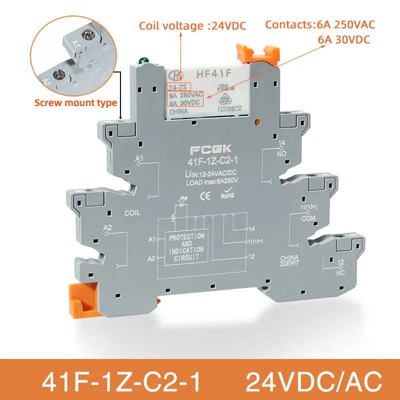 Módulo Relé Delgado DIN Rail 41F-1Z-C4-1 PCB con Socket Holder 12V/24V AC/DC / 220V AC 6.2mm
