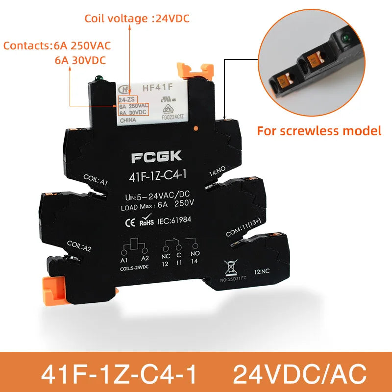 Módulo Relé Delgado DIN Rail 41F-1Z-C4-1 PCB con Socket Holder 12V/24V AC/DC / 220V AC 6.2mm