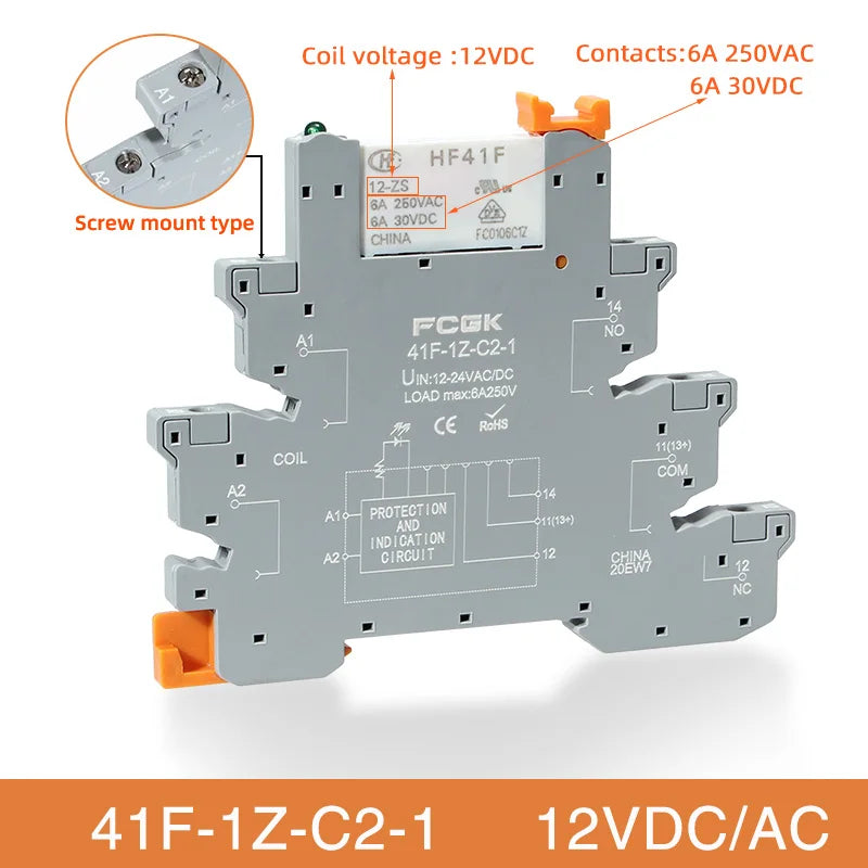 Módulo Relé Delgado DIN Rail 41F-1Z-C4-1 PCB con Socket Holder 12V/24V AC/DC / 220V AC 6.2mm