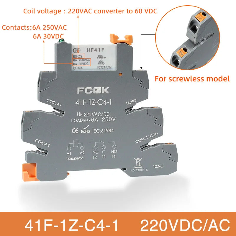Módulo Relé Delgado DIN Rail 41F-1Z-C4-1 PCB con Socket Holder 12V/24V AC/DC / 220V AC 6.2mm