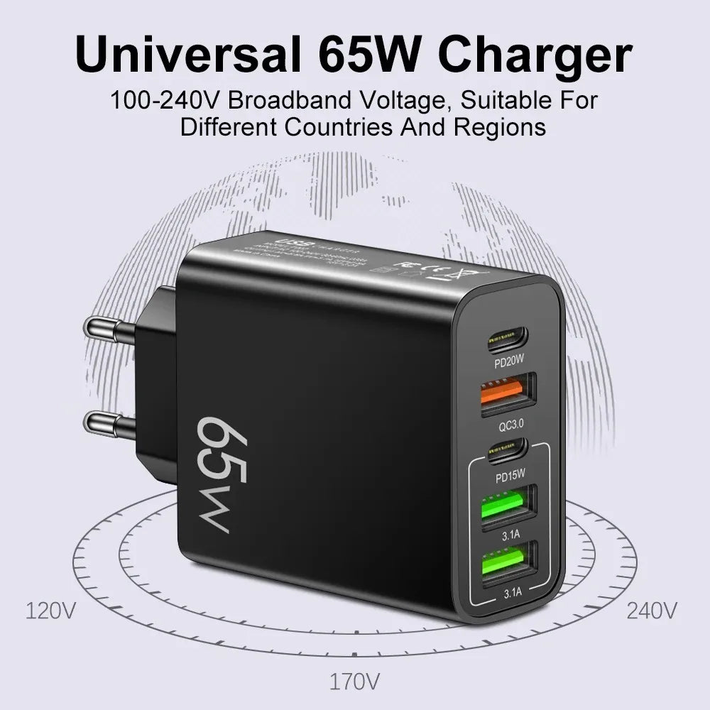 Cargador Pared USB C PD 20W + 4 Puertos USB (Total 65W) Carga Rápida QC 3.0 Adaptador para iPhone 15 Pro/Samsung/Xiaomi