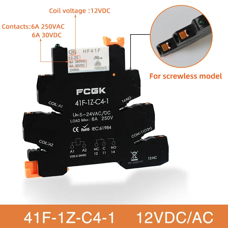 Módulo Relé Delgado DIN Rail 41F-1Z-C4-1 PCB con Socket Holder 12V/24V AC/DC / 220V AC 6.2mm