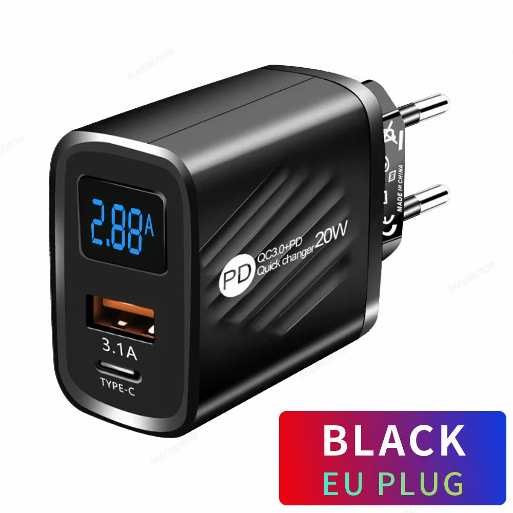 Cargador Pared USB-C PD 20W + USB QC3.0 con Pantalla Digital para iPhone 14/Samsung/Xiaomi/Huawei