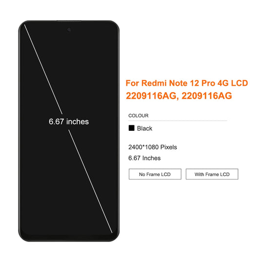 6.67'' AMOLED For Xiaomi Redmi Note 12 Pro 4G LCD Display Touch Screen With Frame Digitizer Assembly 2209116AG 2209116AG Screen