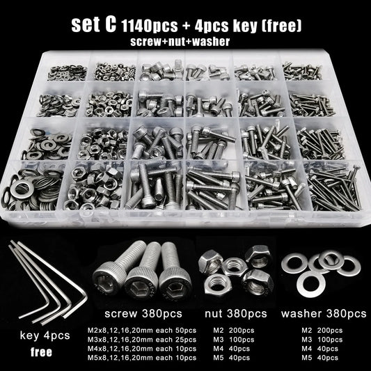Kit Surtido Tornillos/Pernos/Tuercas Cabeza Hexagonal Acero Inoxidable 304 (M1.6/M2/M2.5/M3/M4/M5) (Total 400/650/1140/2100 Piezas)