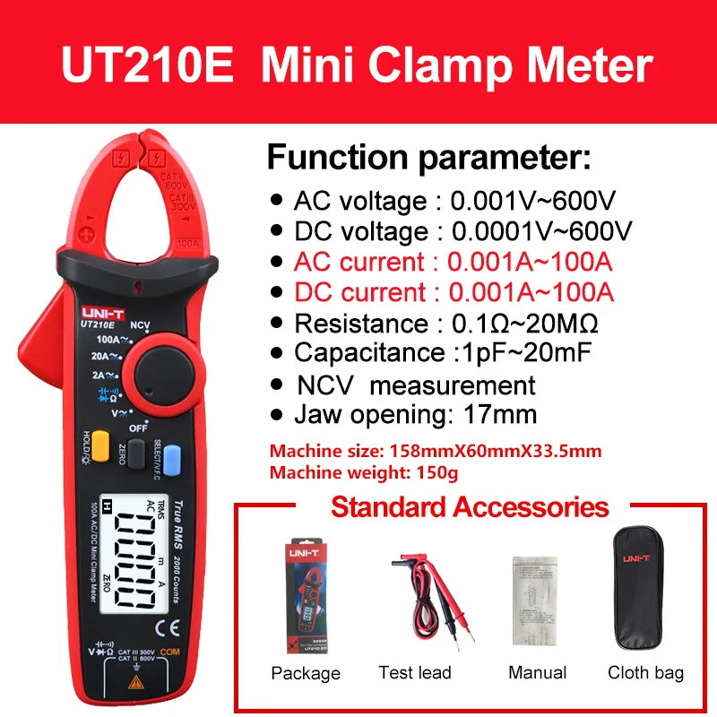 Pinza Amperimétrica Digital UNI-T UT210E/UT210D/UT210C - Mini Clamp Multímetro True RMS AC, Auto Rango