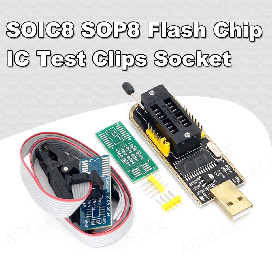 Kit Programador USB CH341 24/25 Series EEPROM Flash BIOS + Clip Test SOIC8/SOP8