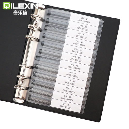 Libro Muestrario Diodos Zener SMD (SOD-323/0805, SOD-123/1206, 2.4V-30V, 0.5W/1W, 28 Valores)