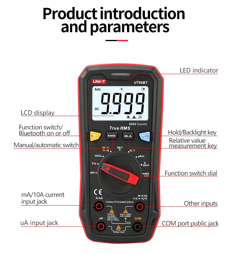 Multímetro Digital Inteligente UNI-T UT60S / UT60BT (Bluetooth) - True RMS, Tester Voltaje 1000V AC/DC, Amperímetro, Frecuencímetro