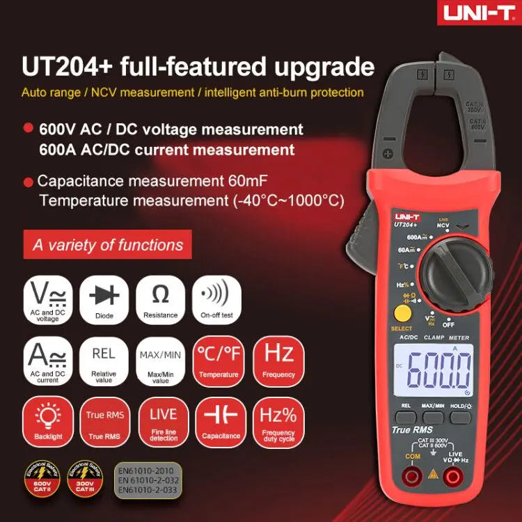 Pinza Amperimétrica Digital UNI-T UT204+ / UT202A+ (600A AC) - Tester Eléctrico Profesional True RMS, NCV, Auto Rango