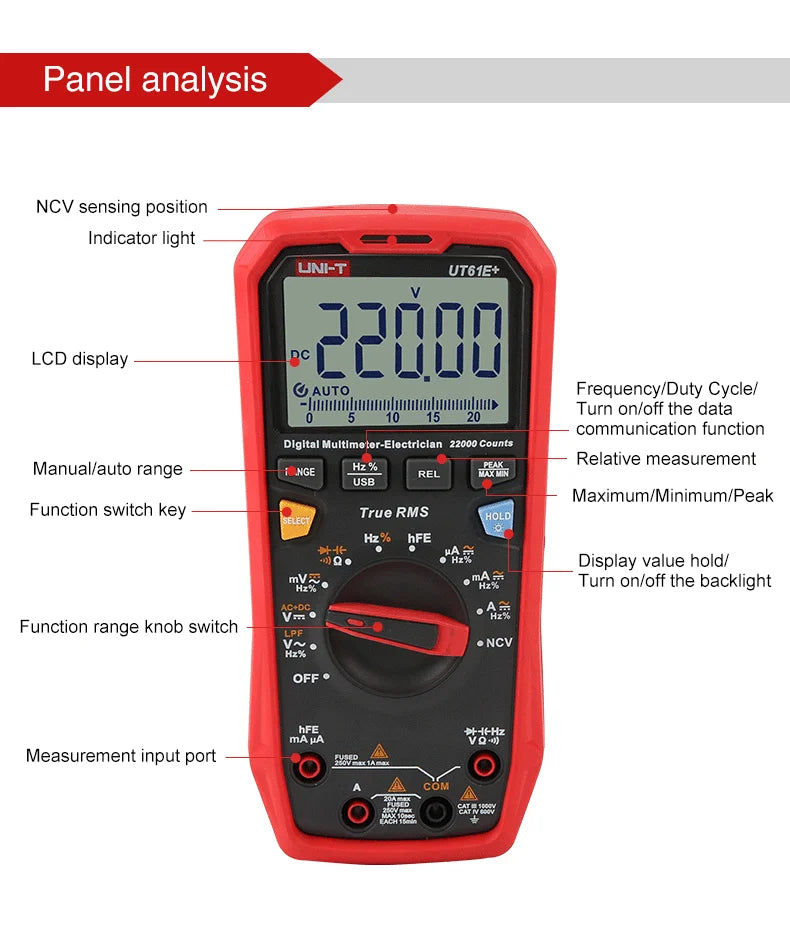 Multímetro Digital Profesional UNI-T UT61E/UT61D/UT61B - Test Capacitancia DC/AC 1000V (60mF/220mF), True RMS, Auto Rango