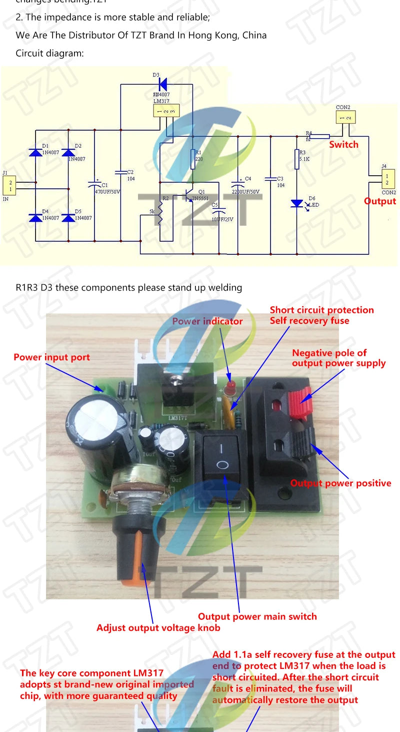 Kit DIY Módulo Fuente Alimentación Step-Down LM317 Regulador Voltaje Ajustable con Fusible Reseteable