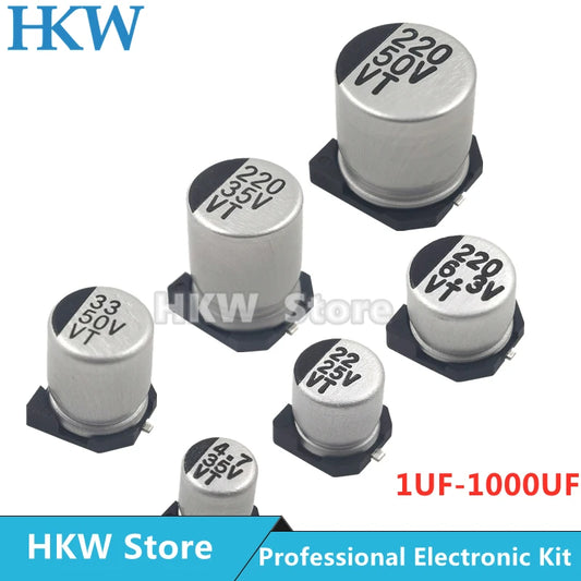 Capacitor Electrolítico Aluminio SMD (1uF-1000uF, 6.3V-63V) - Pack 10 Unidades (Valores Surtidos Originales)