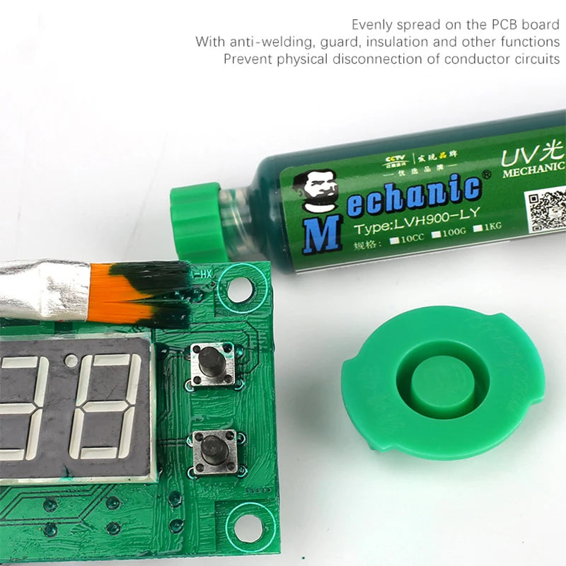 Tinta Máscara Soldadura UV Mechanic (Verde) para PCB BGA (Previene Corrosión/Arcos)