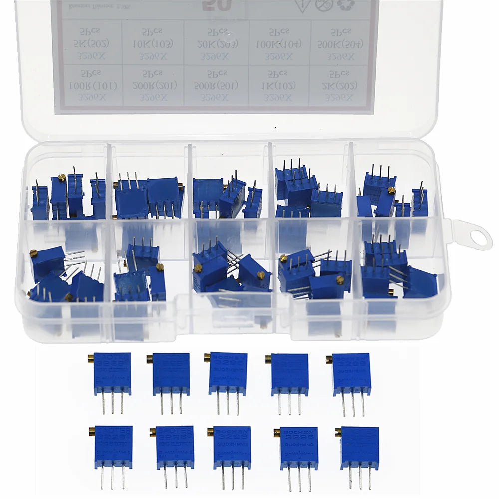 50pcs 3296X series 100R 500R 1K 2K 5K 10K 20K 50K 100K 500K multi-turn potentiometer 10K Variable resistors With box set