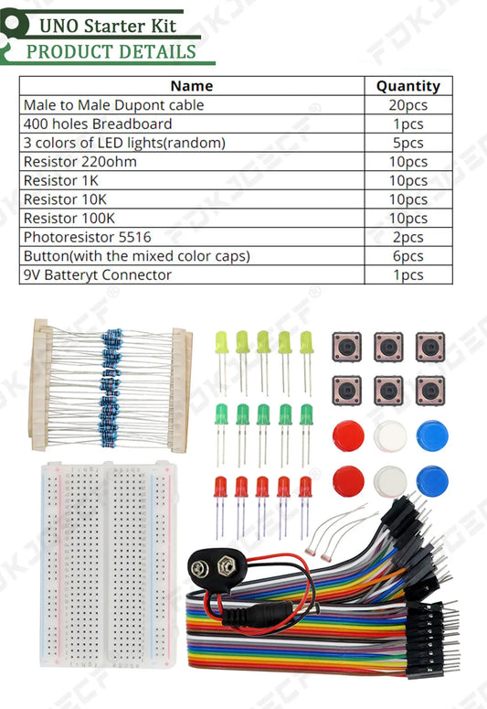Kit Inicio para Arduino UNO R3 (Mini Protoboard, LED, Cables Jumper, Botón) para Educación Escolar/Laboratorio DIY