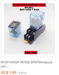 Relé Electromagnético Intermedio LY2NJ/HH62P DPDT 8-Pin 10A 250VAC con Base Zócalo - Bobina (12VDC/24VDC/110VAC/220VAC)