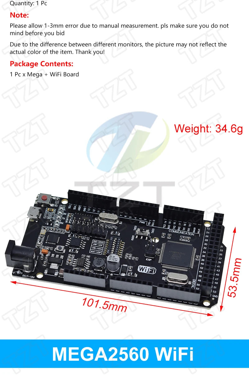 Placa Desarrollo TZT Mega2560 (ATMEGA16U2 / Pro Mini / WiFi R3 ATmega2560 CH340G) compatible Arduino Mega R3 / ESP8266