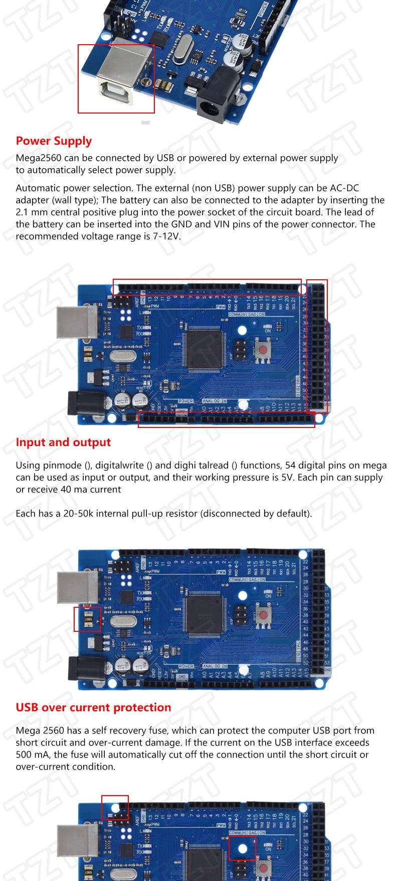 Placa Desarrollo TZT Mega2560 (ATMEGA16U2 / Pro Mini / WiFi R3 ATmega2560 CH340G) compatible Arduino Mega R3 / ESP8266