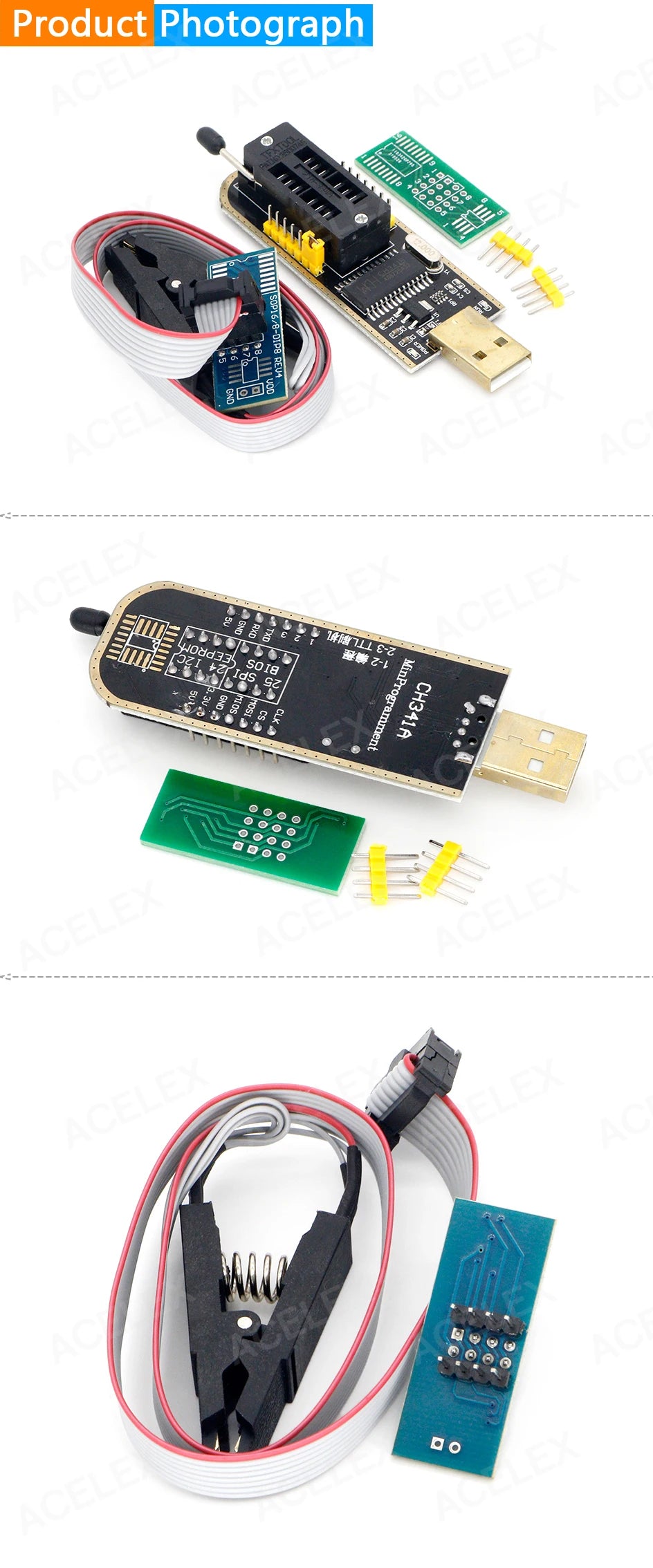 Kit Programador USB CH341 24/25 Series EEPROM Flash BIOS + Clip Test SOIC8/SOP8