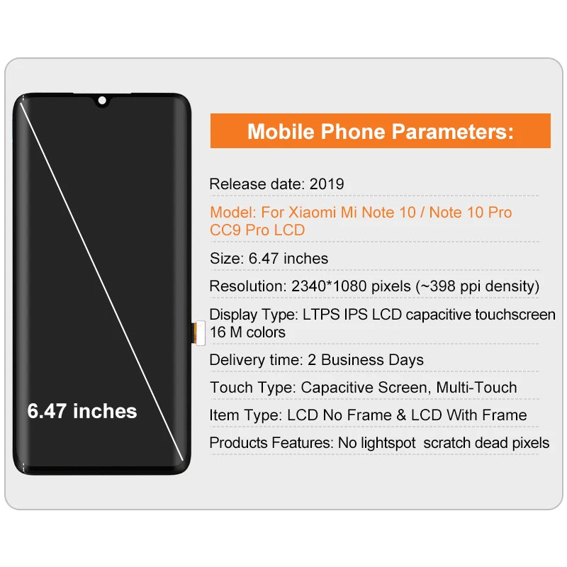 6.47" AMOLED For Xiaomi Note 10 LCD Display Touch Screen Assembly For Xiaomi CC9 Pro Display MI Note 10 Pro Replacement Parts