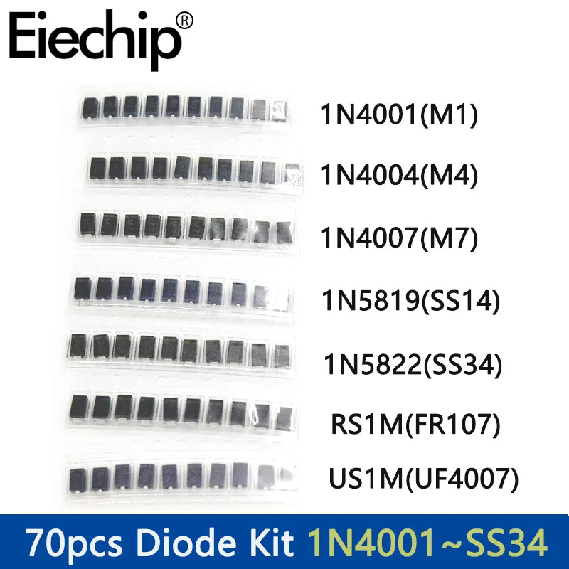 Kit Surtido Diodos SMD - 7 Valores (M1/M4/M7, SS14/SS34, US1M/RS1M) x 10 Unidades (Total 70 Piezas)