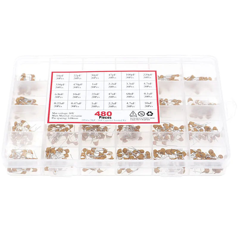 Kit Surtido Capacitor Cerámico Monolítico (10pF-10uF) - Pack 480 Piezas (Valores Surtidos)