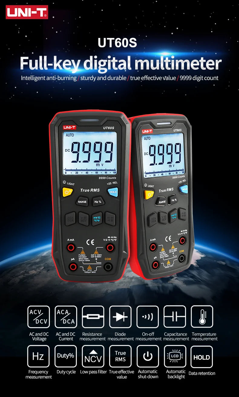 Multímetro Digital Inteligente UNI-T UT60S / UT60BT (Bluetooth) - True RMS, Tester Voltaje 1000V AC/DC, Amperímetro, Frecuencímetro