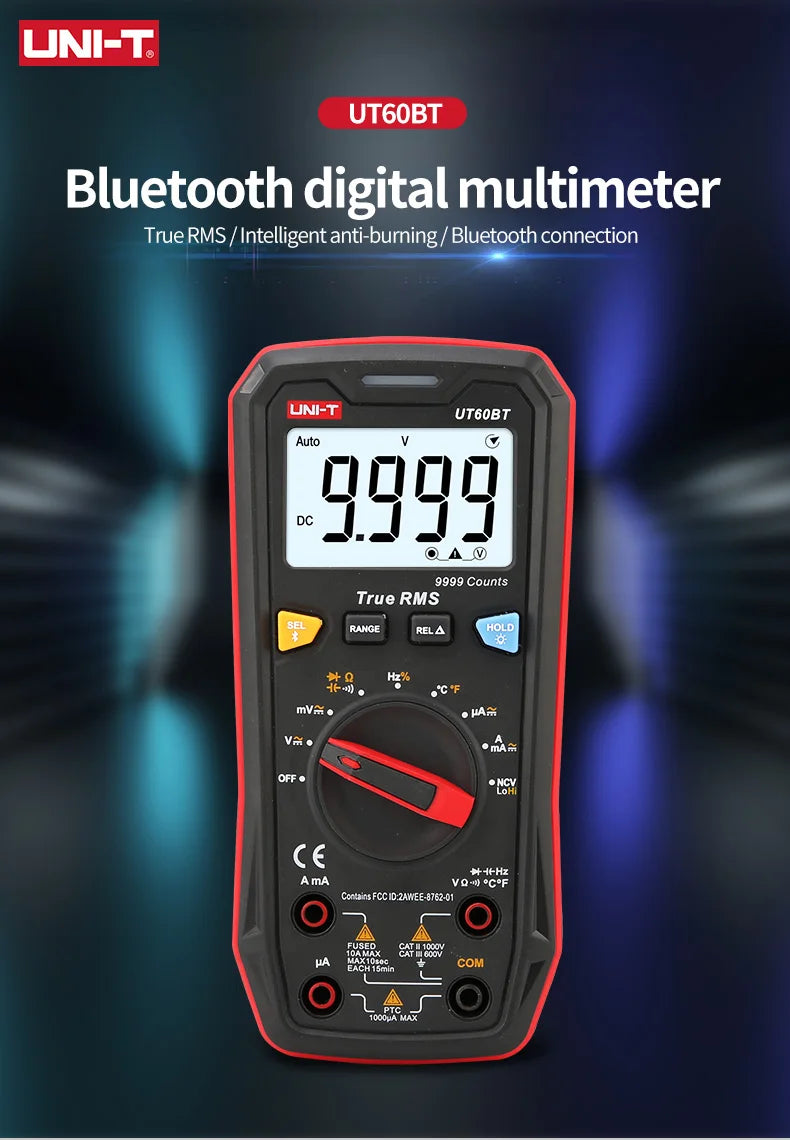 Multímetro Digital Inteligente UNI-T UT60S / UT60BT (Bluetooth) - True RMS, Tester Voltaje 1000V AC/DC, Amperímetro, Frecuencímetro