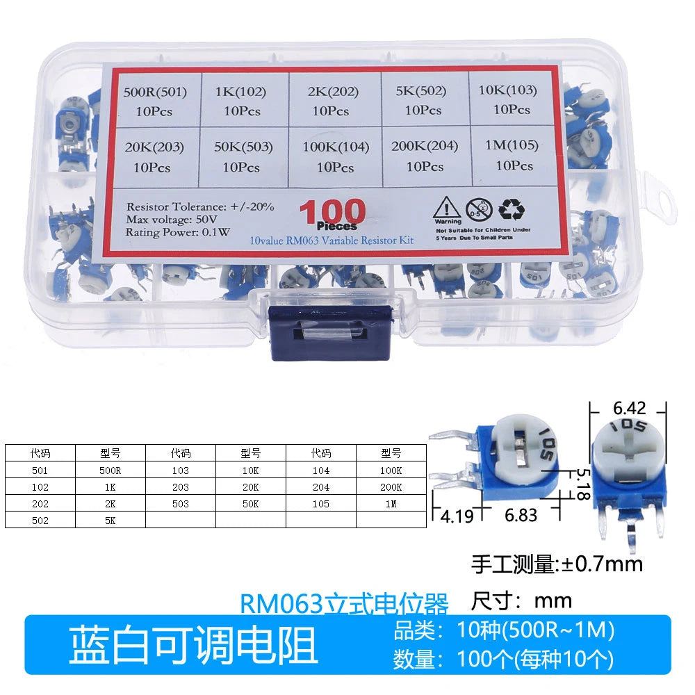 100pcs 10Kinds x 10pcs RM063 Horizontal Trimpot Potentiometer Assortment Kit Box