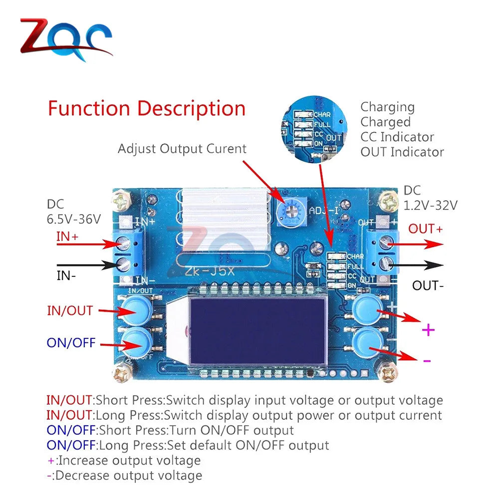 Módulo Fuente Alimentación Buck Ajustable DC 6.5-36V a 1.2-32V 5A CC/CV con Display LCD Digital y Carcasa