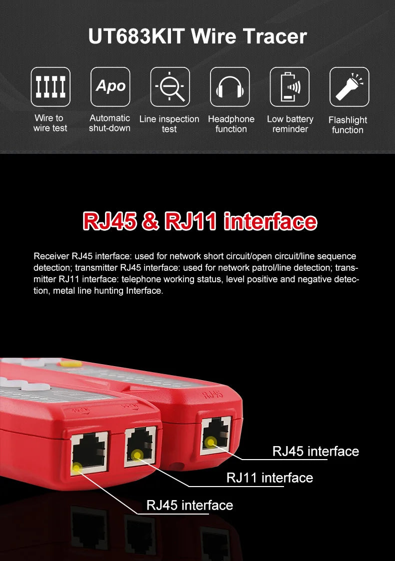 Kit Rastreador Cables LAN UNI-T UT683KIT - Tester Red RJ45/RJ11, Buscador Línea Telefónica, Herramienta Networking