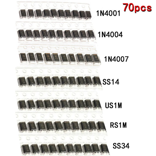 Kit Surtido Diodos SMD - 7 Valores (M1/M4/M7, SS14/SS34, US1M/RS1M) x 10 Unidades (Total 70 Piezas)