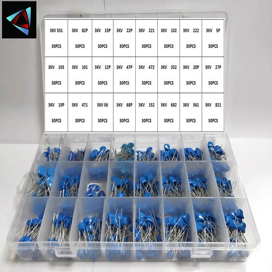 Kit Surtido Capacitor Cerámico Alto Voltaje (10pF-821pF, 1kV/2kV/3kV, 24 Valores)