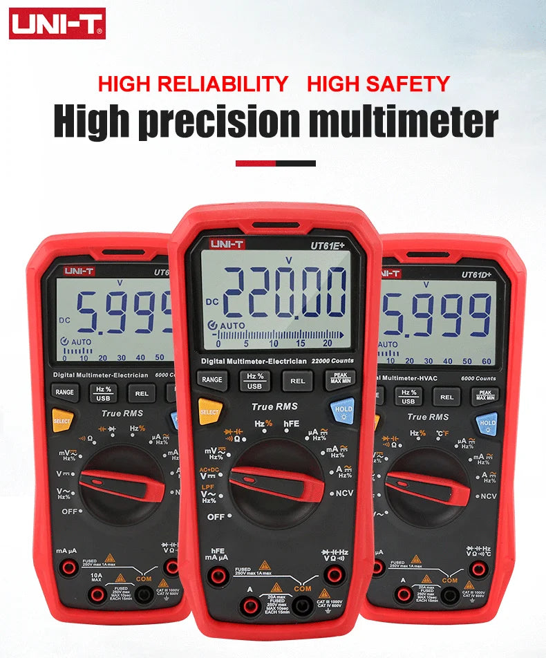 Multímetro Digital Profesional UNI-T UT61E/UT61D/UT61B - Test Capacitancia DC/AC 1000V (60mF/220mF), True RMS, Auto Rango