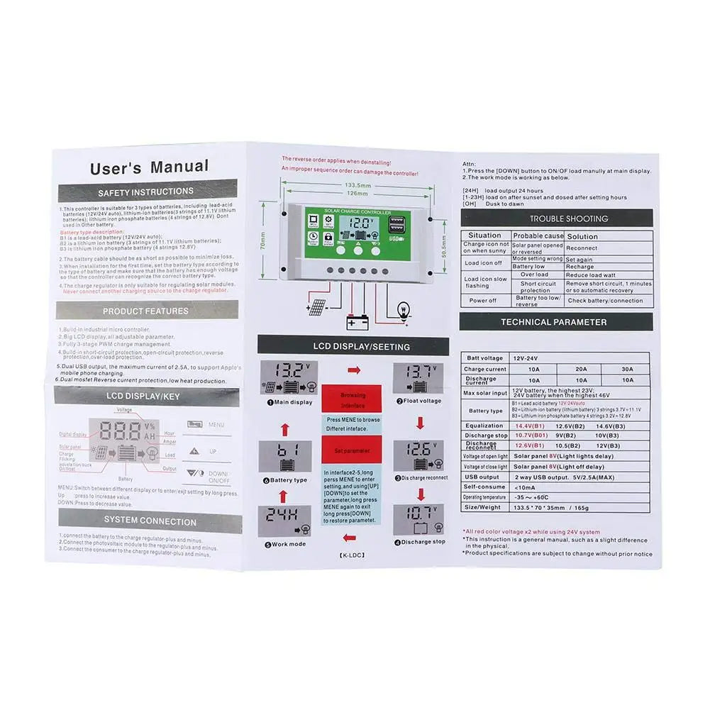 Controlador Carga Solar PWM Y&H 10A/20A/30A Batería Litio/Plomo-Ácido 12V/24V Auto Dual USB Regulador