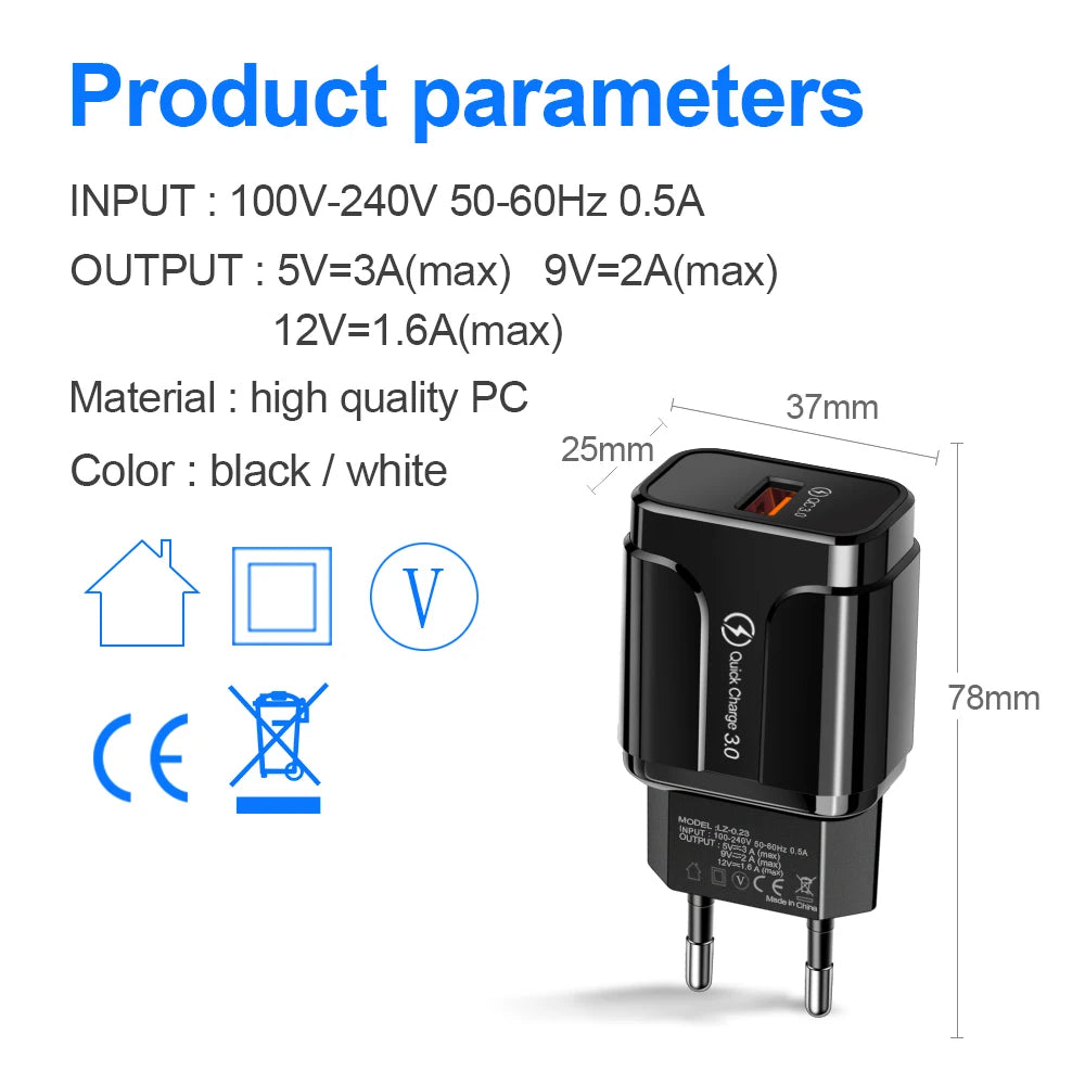 Cargador USB QC 3.0/4.0 (5V 3A) Carga Rápida Universal para Teléfonos Móviles/Tablets iPhone/Xiaomi/Samsung S20