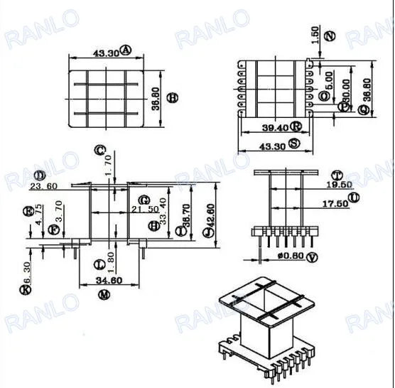 Núcleo Ferrita EE55/55/21A (PC40/N87/3C94) con Bobina Vertical 14 Pines