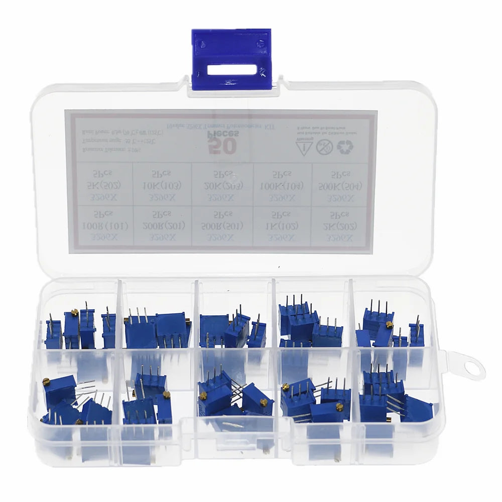 50pcs 3296X series 100R 500R 1K 2K 5K 10K 20K 50K 100K 500K multi-turn potentiometer 10K Variable resistors With box set